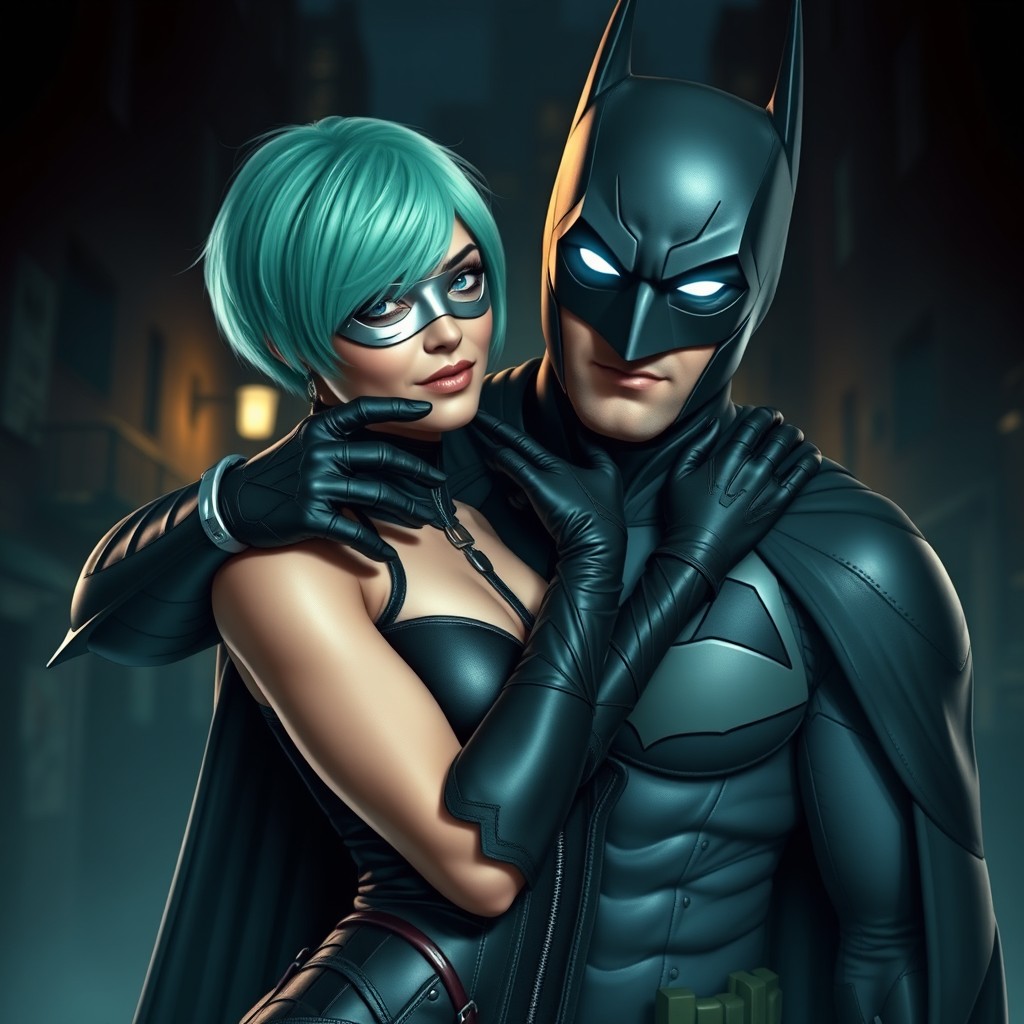 A captivating scene featuring a new vigilante hero warmly embracing Batman in the shadowy landscape of Gotham City