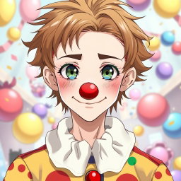 An anime clown teenage boy with light brown hair and dark green-blue eyes, wearing relatively thin and colorful clown clothes
