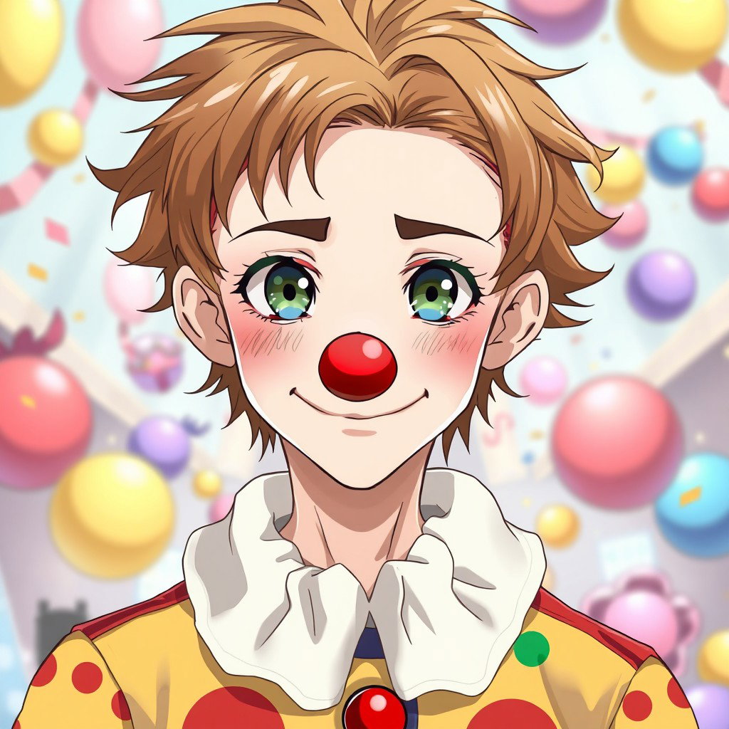 An anime clown teenage boy with light brown hair and dark green-blue eyes, wearing relatively thin and colorful clown clothes