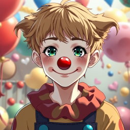 An anime clown teenage boy with light brown hair and dark green-blue eyes, wearing relatively thin and colorful clown clothes