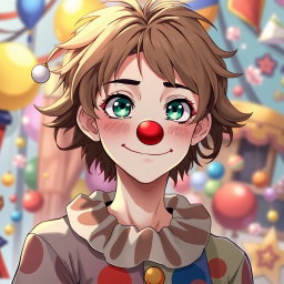 An anime clown teenage boy with light brown hair and dark green-blue eyes, wearing relatively thin and colorful clown clothes