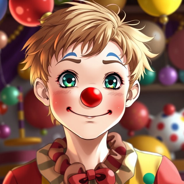 An anime clown teenage boy with light brown hair and dark green-blue eyes, wearing relatively thin and colorful clown clothes