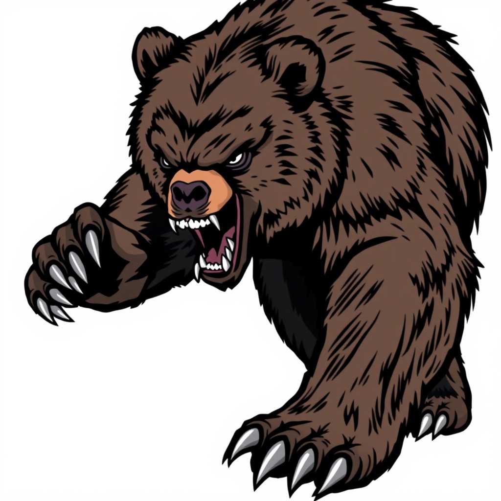 A fierce bear illustration designed for a T-shirt, featuring the bear in an aggressive pose with sharp claws and an intense expression