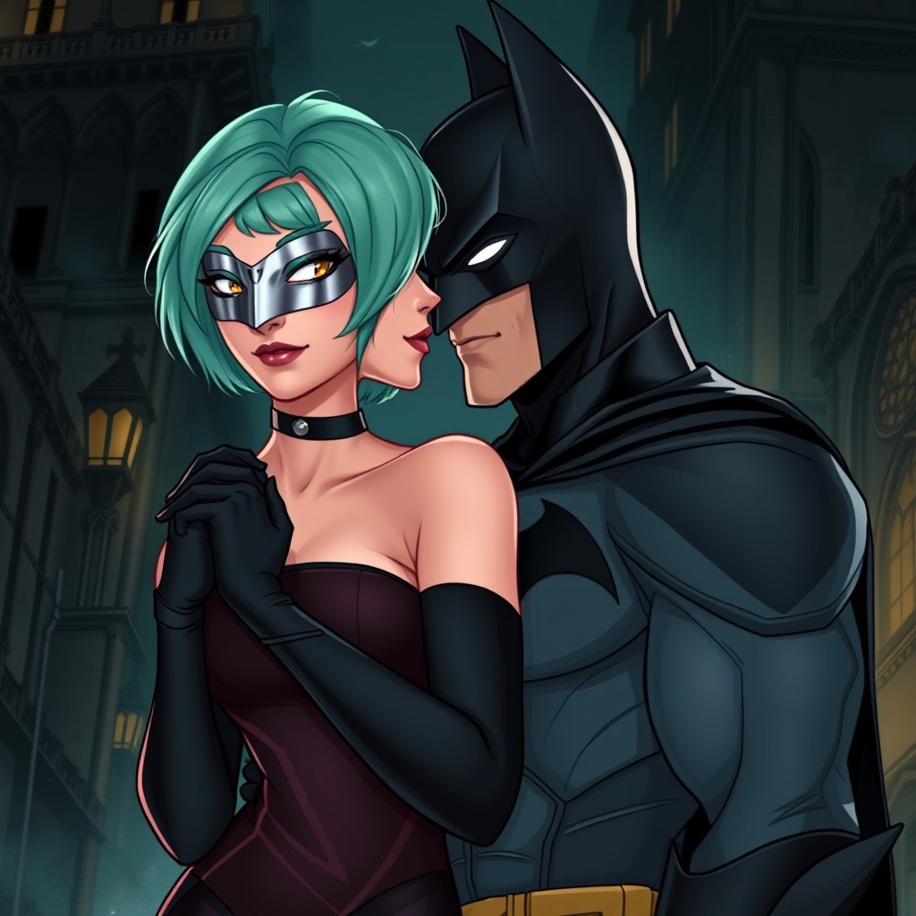 An enchanting illustration of a new vigilante hero sharing a romantic moment with Batman in the shadowy depths of Gotham City
