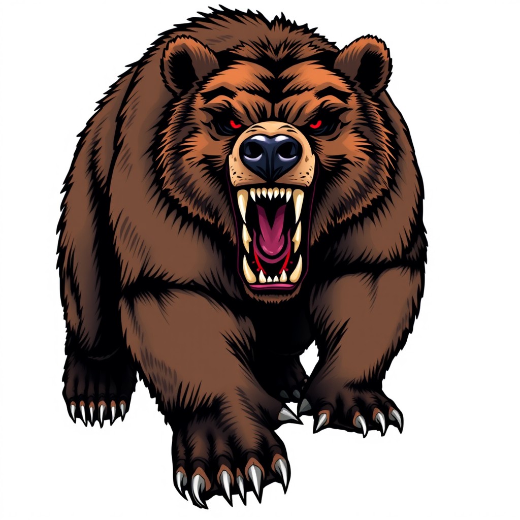 A full-body illustration of a fierce bear, showcasing its aggressive demeanor with bared teeth, sharp claws, and a powerful stance