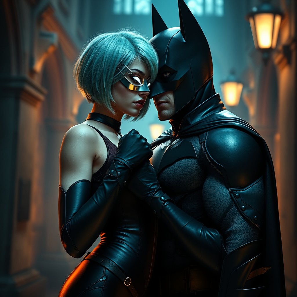 An enchanting romantic scene between a new vigilante hero and Batman set in the shadowy corners of Gotham City