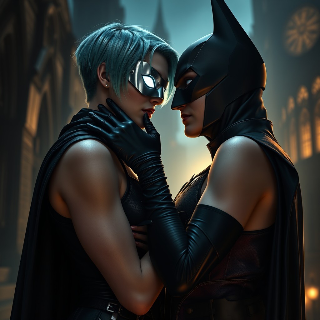 An enchanting romantic scene set in the dark and brooding atmosphere of Gotham City featuring a new vigilante hero with striking short seafoam green hair and a side fringe