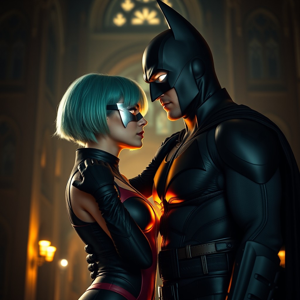 A compelling romantic scene set in the dark and atmospheric Gotham City featuring a new vigilante hero