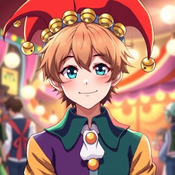 An anime boy with light brown hair and dark blue-green eyes, grinning slightly, giving off a playful and mischievous vibe