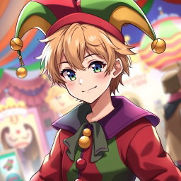 An anime boy with light brown hair and dark blue-green eyes, grinning slightly, giving off a playful and mischievous vibe