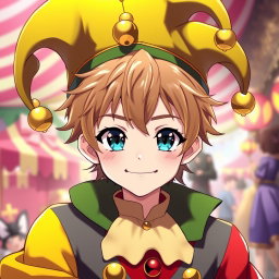 An anime boy with light brown hair and dark blue-green eyes, grinning slightly, giving off a playful and mischievous vibe