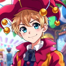 An anime boy with light brown hair and dark blue-green eyes, grinning slightly, giving off a playful and mischievous vibe