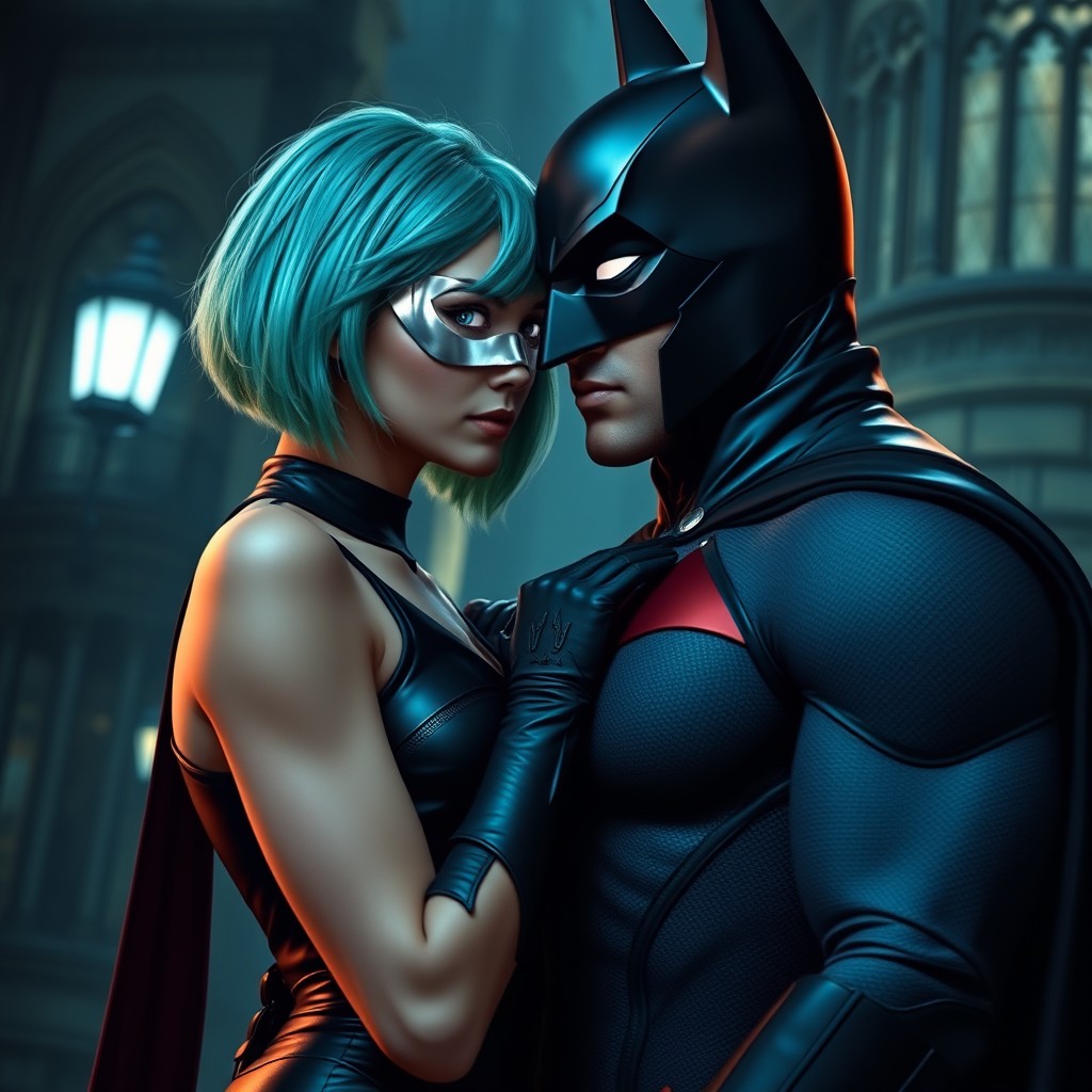 An alluring romantic scene in the atmospheric and dark setting of Gotham City featuring a new vigilante hero