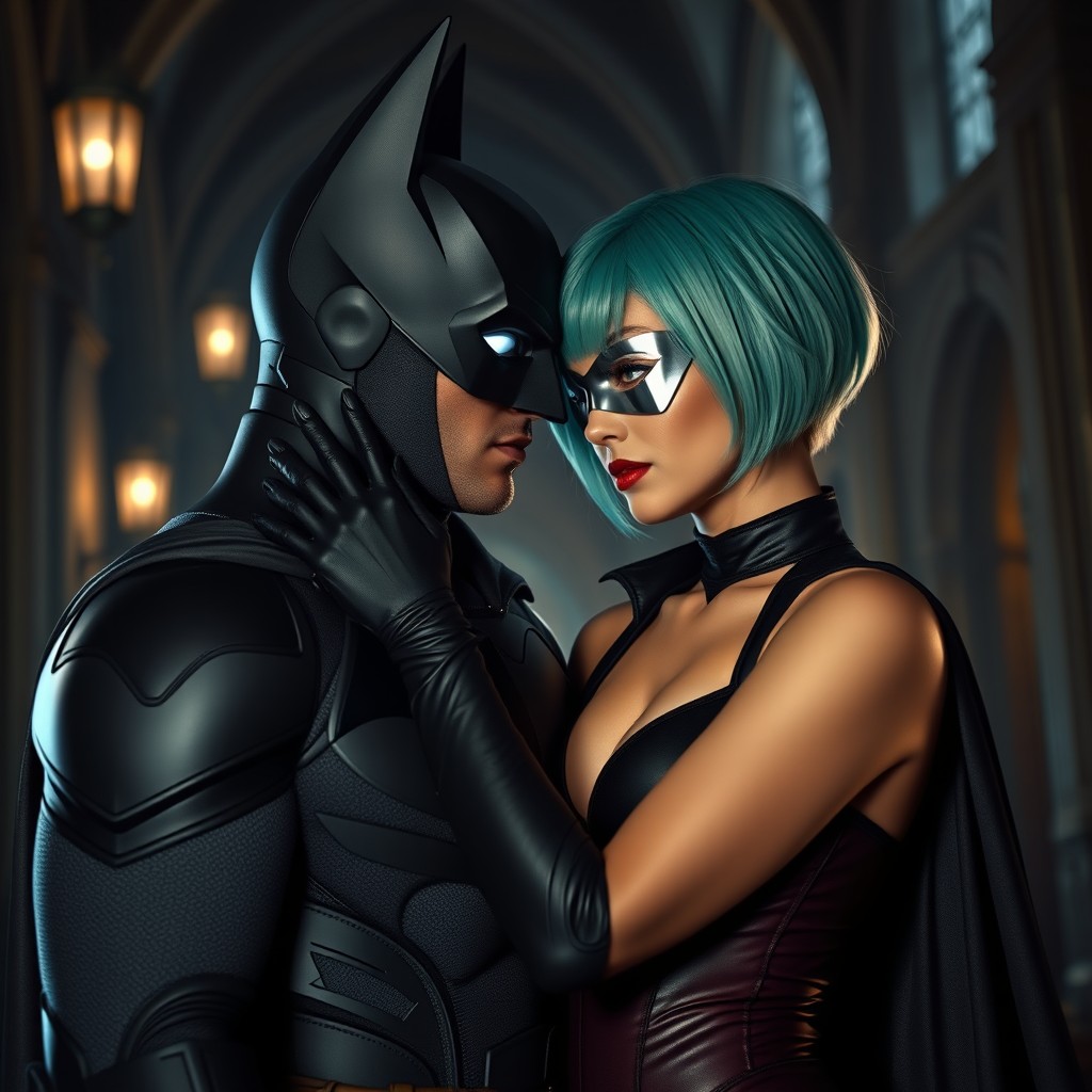 A captivating romantic scene set in the moody environment of Gotham City featuring a new vigilante hero