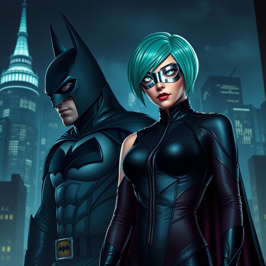 An intriguing scene set in the shadowy streets of Gotham City featuring a new vigilante hero standing beside Batman