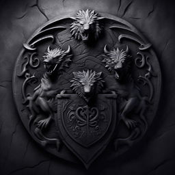 Realistic dark grey stone background with a central emblem of the three-headed mythical dog Cerberus, illustrated in the style of a Game of Thrones house sigil, reminiscent of House Targaryen's emblem.