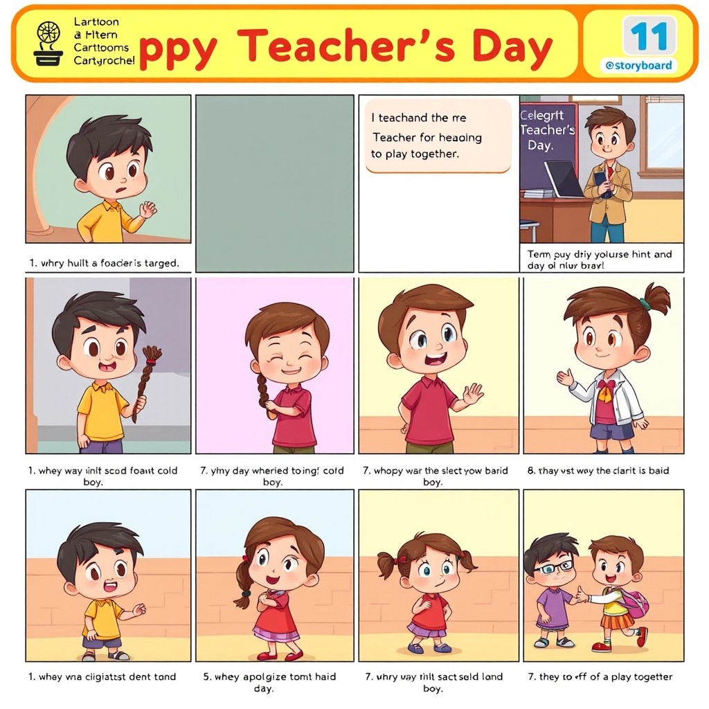 A 12-panel storyboard for an animated cartoon celebrating Teacher's Day