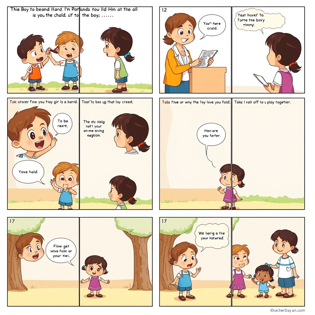 A 12-panel storyboard for an animated cartoon for Teacher's Day, illustrating a story where a boy pulls a girl's braid, causing her to scold him