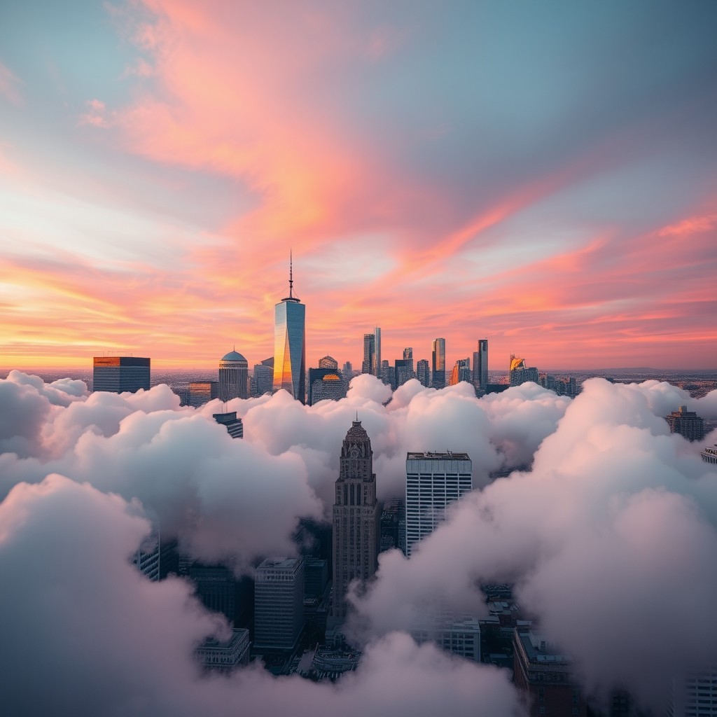 A stunning city skyline at sunset, vibrant and colorful with hues of pink, orange, and purple reflecting off the glass buildings