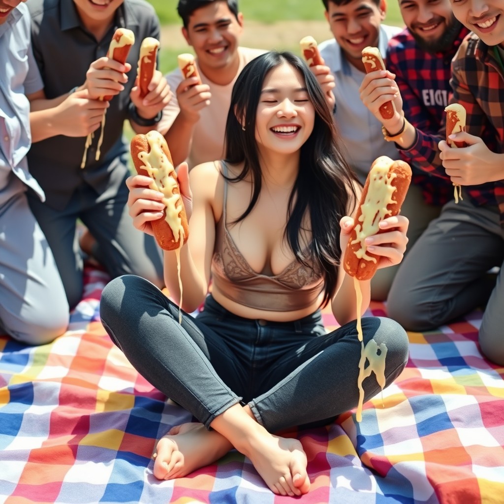 A lively and cheerful scene featuring a young Korean woman, around 18 years old, happily sitting crisscross on a vibrant picnic blanket