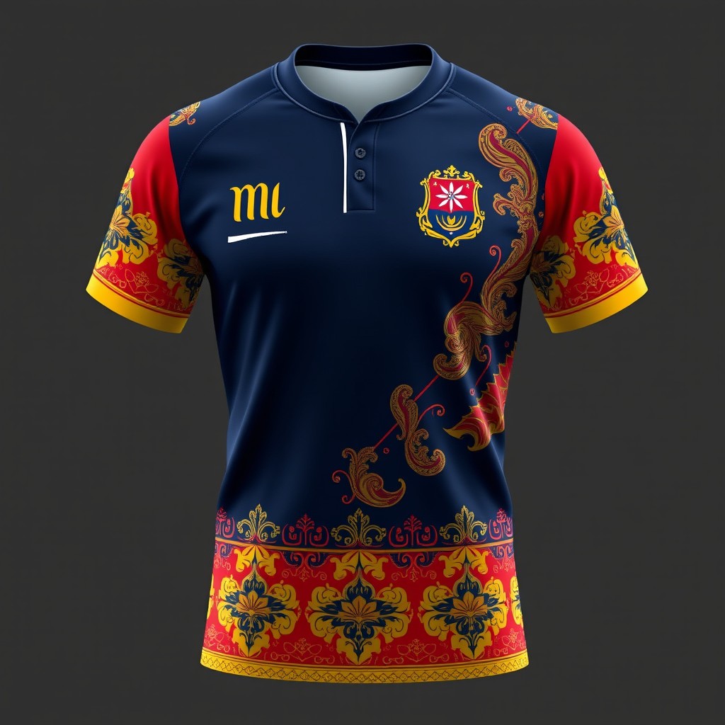 A unique rugby jersey featuring a vibrant combination of dark blue, red, yellow, and white