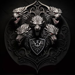 Realistic dark grey stone background with a central emblem of the three-headed mythical dog Cerberus, illustrated in the style of a Game of Thrones house sigil, reminiscent of House Targaryen's emblem.