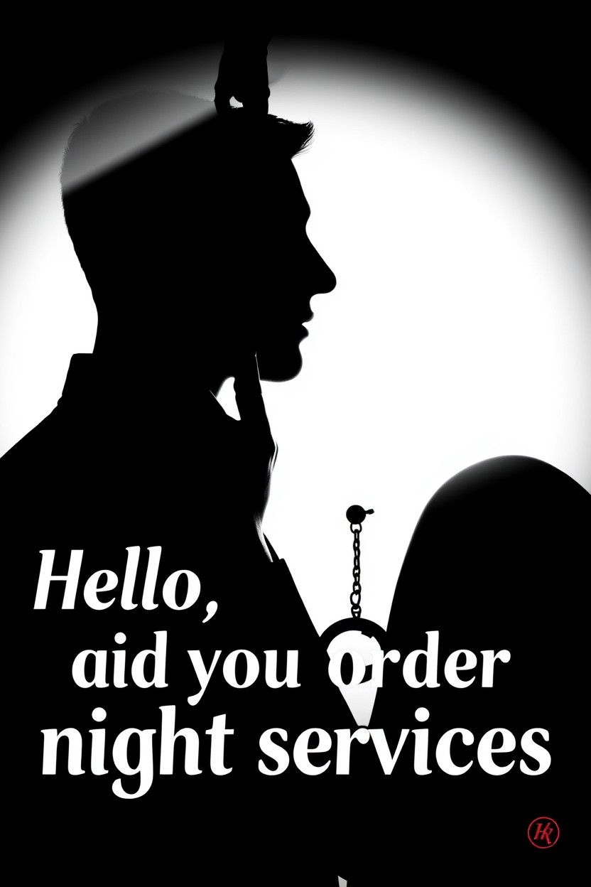 A black and white book cover for a romantic novel with elements of crime titled "Hello, did you order night services?" featuring yaoi themes