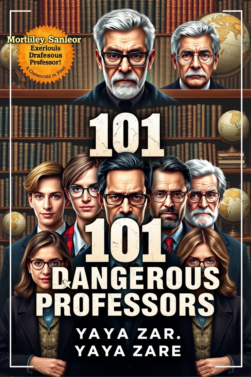 A captivating book cover for '101 Dangerous Professors' by Yahya Zare, featuring a diverse group of eight individuals representing both young and old professors