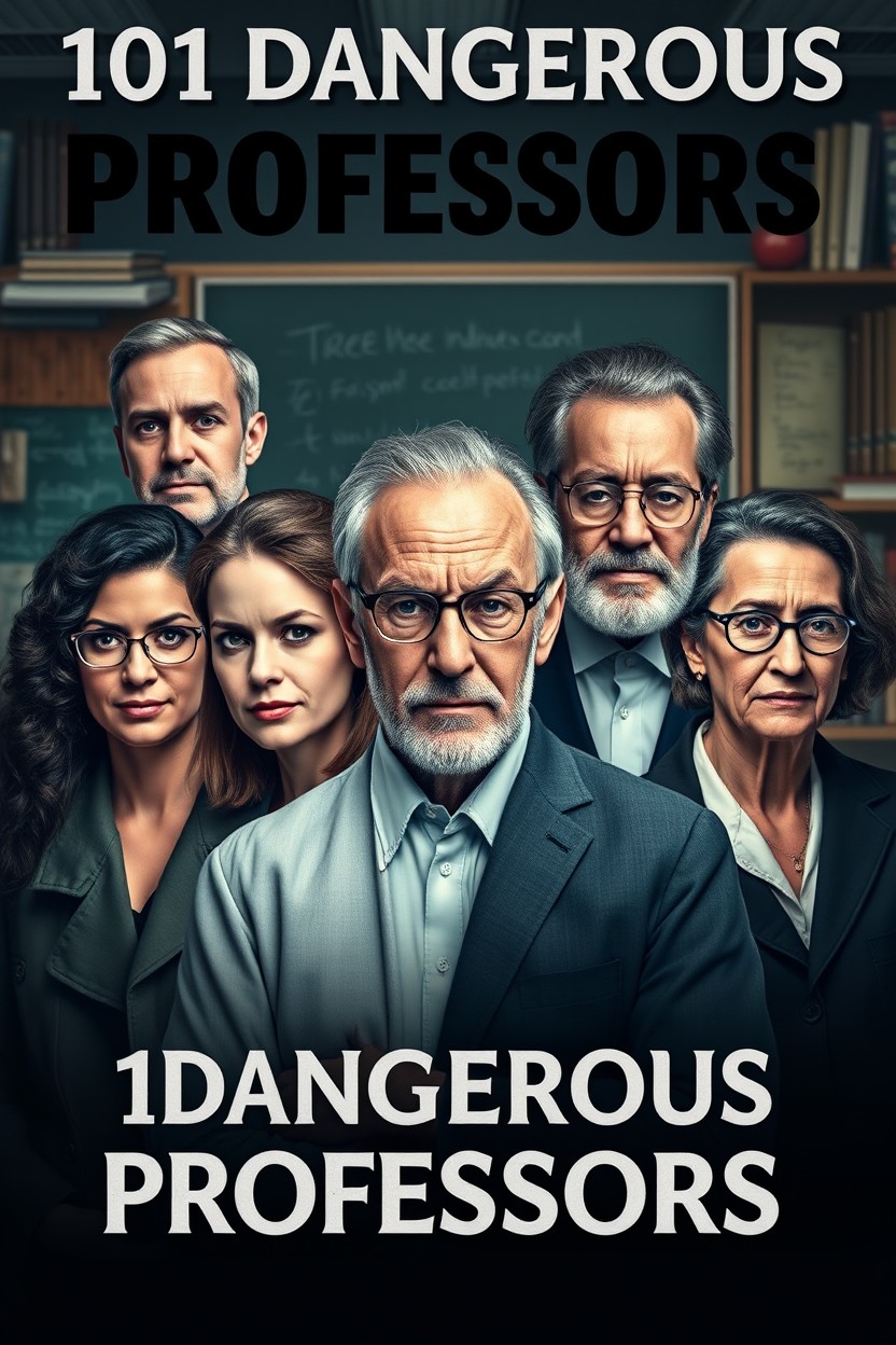 A striking and thought-provoking composition titled "101 Dangerous Professors" featuring a diverse group of eight real individuals, including four young and four older professors, both male and female