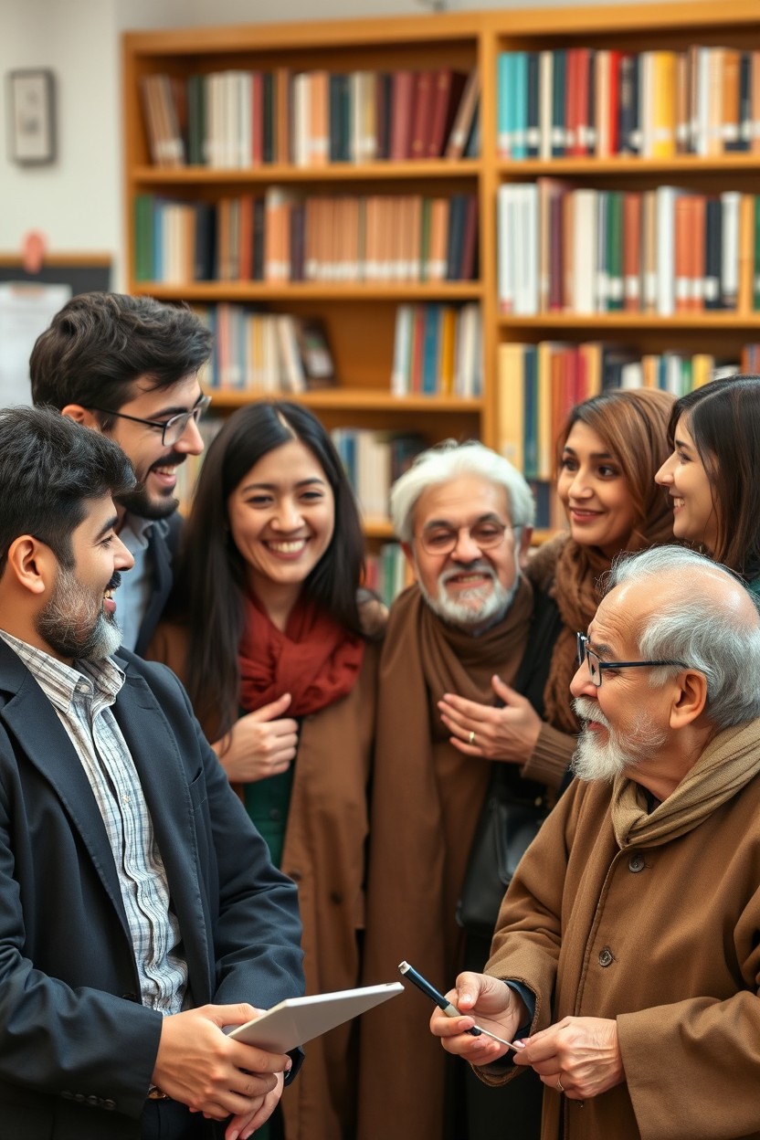 A dynamic and engaging scene featuring four young and four older Iranian professors, both male and female, in a university setting