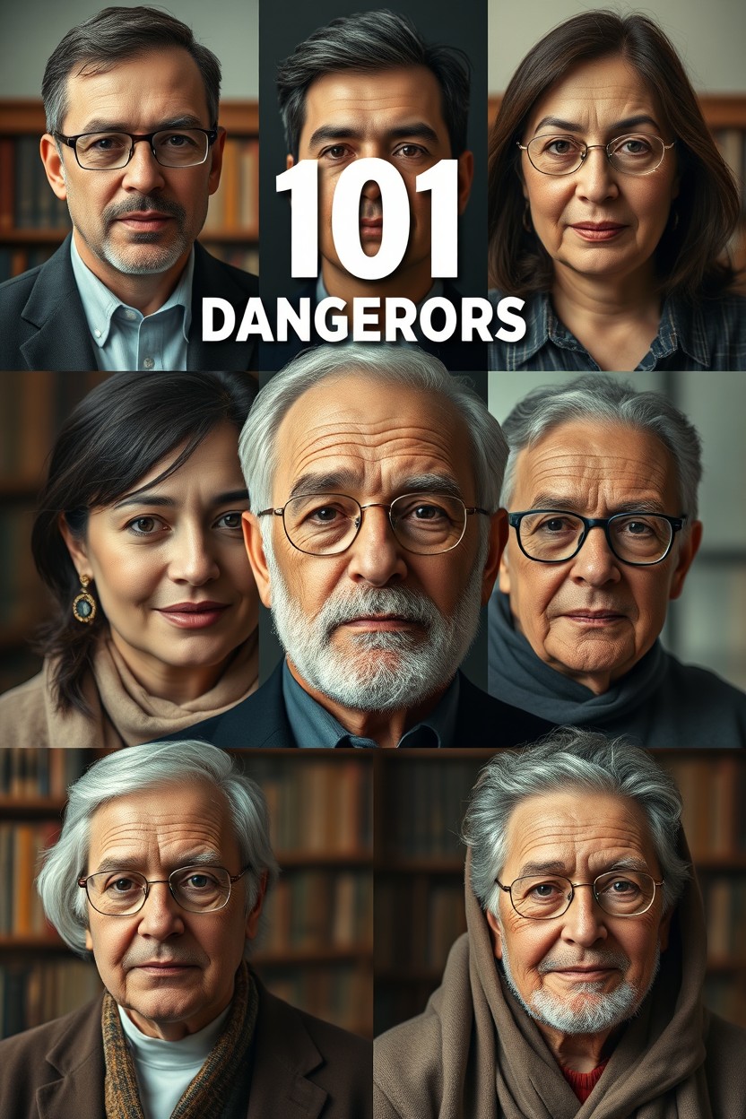 A portrait collage titled '101 Dangerous Professors', featuring a total of eight individuals, equally split between young and old, comprising both male and female, with realistic and genuine expressions