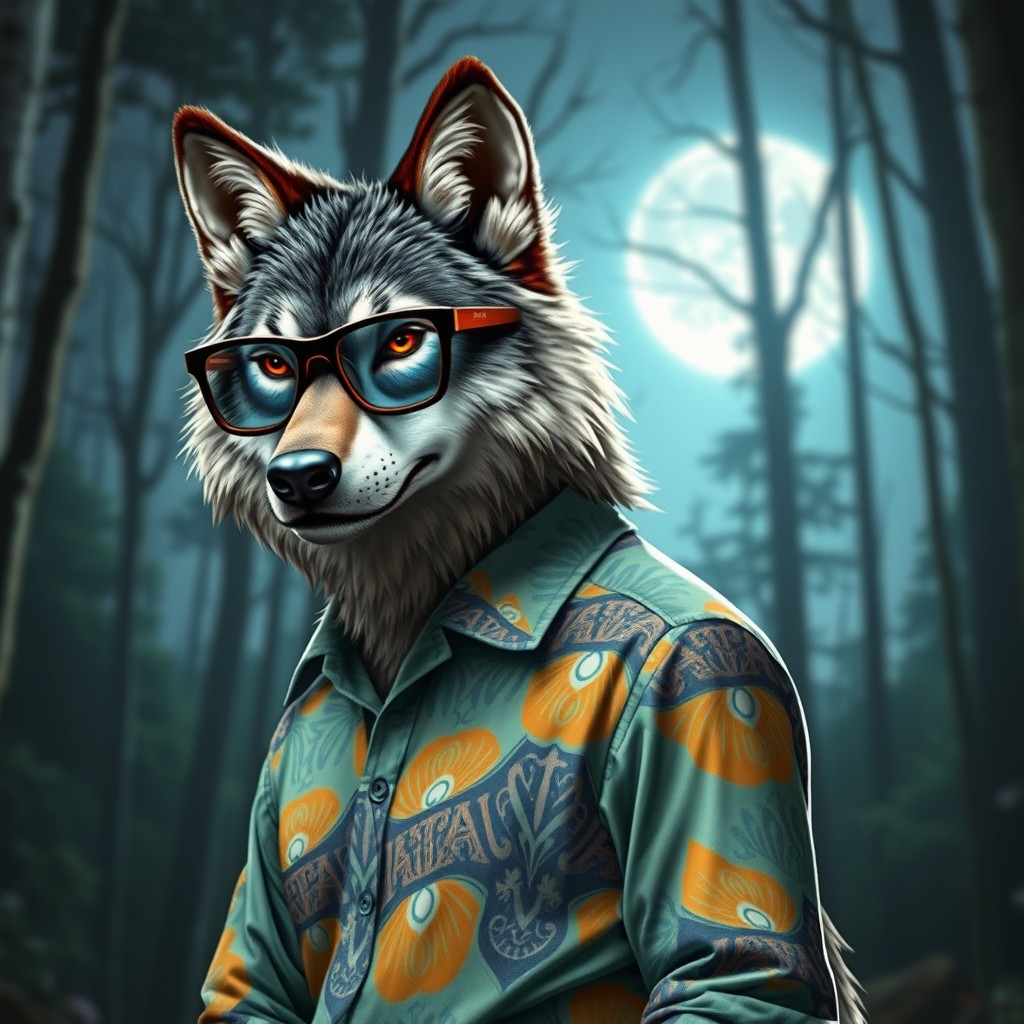 A werewolf wearing stylish glasses and a fashionable shirt, standing confidently in a forest setting