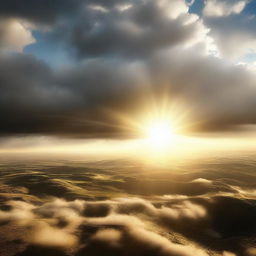 An ultra-high-resolution 8K, lifelike image of sunshine breaking through clouds, casting warm, radiant light over a beautiful landscape.