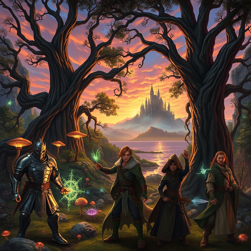 A fantasy Dungeons & Dragons (D&D) setting featuring a mystical forest with towering ancient trees, glowing mushrooms, and magical creatures like fairies and sprites flitting about