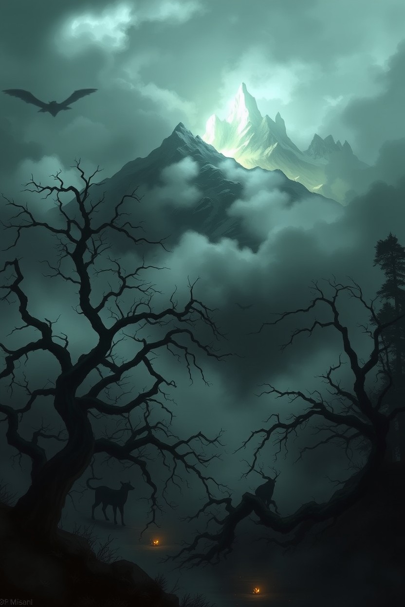 A beautiful digital painting of the mysterious Kalish Mountain, shrouded in thick fog and eerie shadows