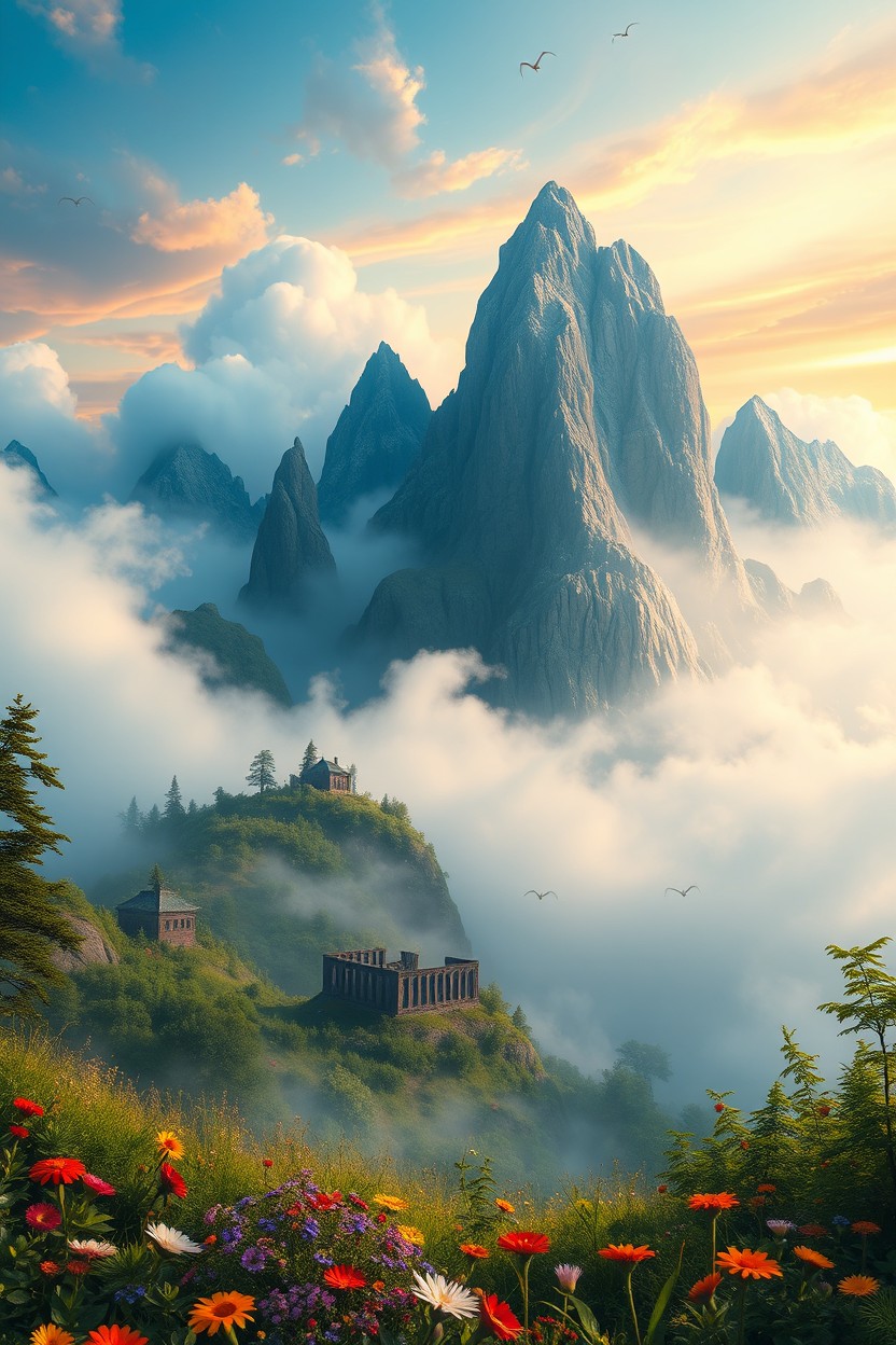 A visually stunning digital painting depicting the mysterious Kalish Mountain surrounded by thick, swirling mist
