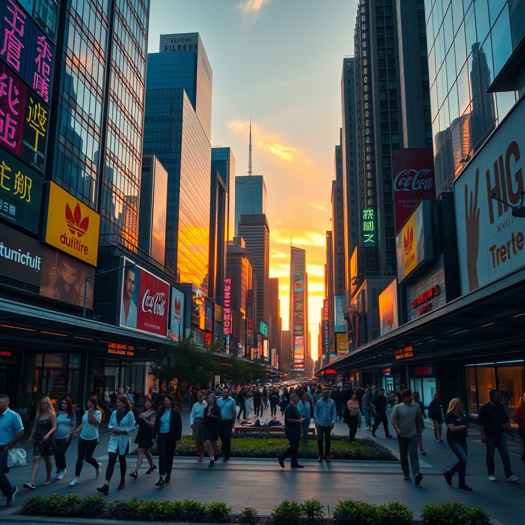 A captivating short video featuring a bustling cityscape at sunset, showcasing colorful skyscrapers reflecting the warm hues of the setting sun