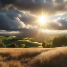 An ultra-high-resolution 8K, lifelike image of sunshine breaking through clouds, casting warm, radiant light over a beautiful landscape.