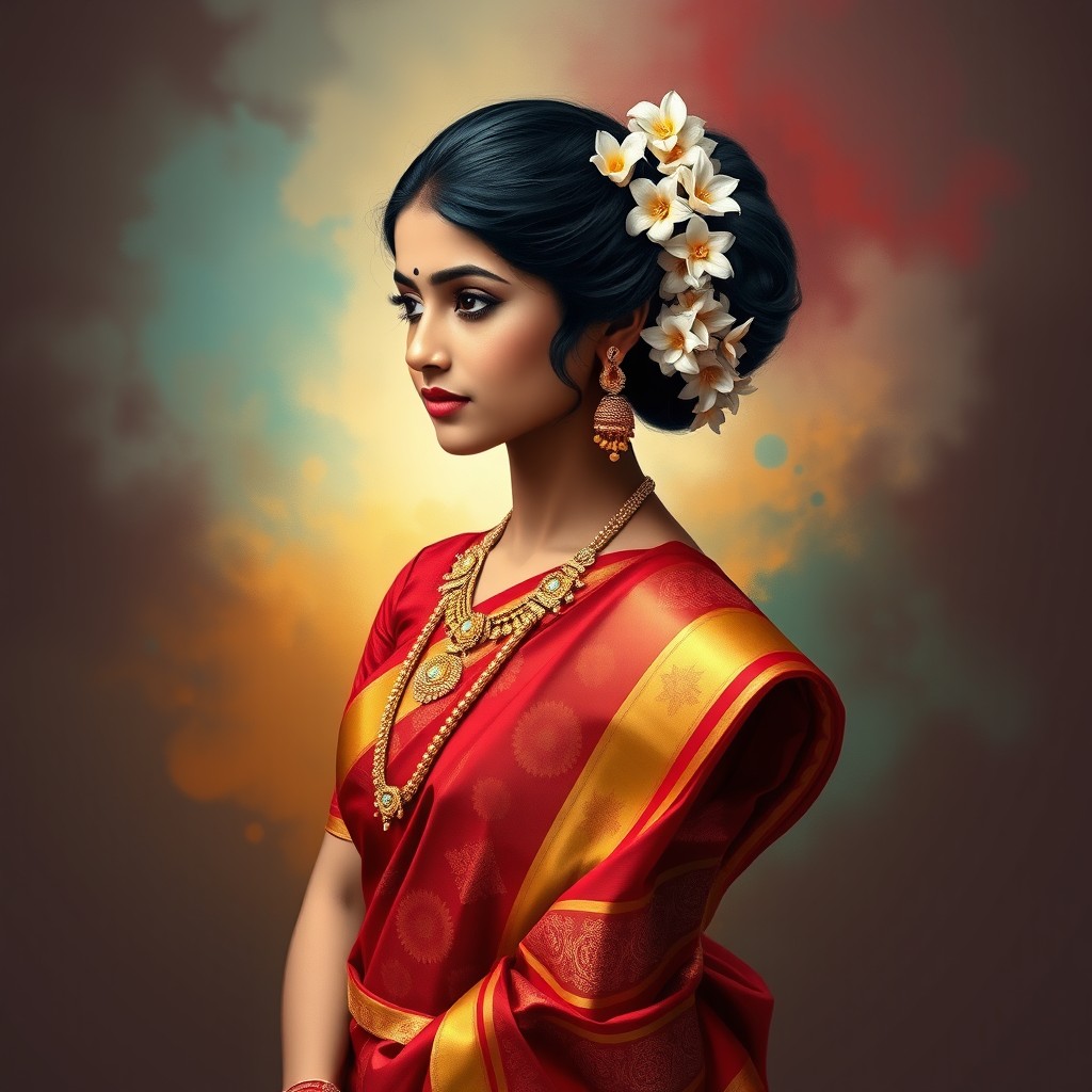 An abstract portrait of a South Indian traditional girl, showcasing her rich cultural attire and accessories