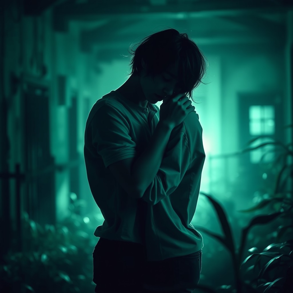 A scene depicting a forbidden love between two teenagers in a dark, shadowy environment