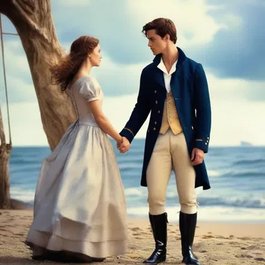 In the romantic novel, the main character falls in love with a bluecoat sailor who saved her from a shipwreck.