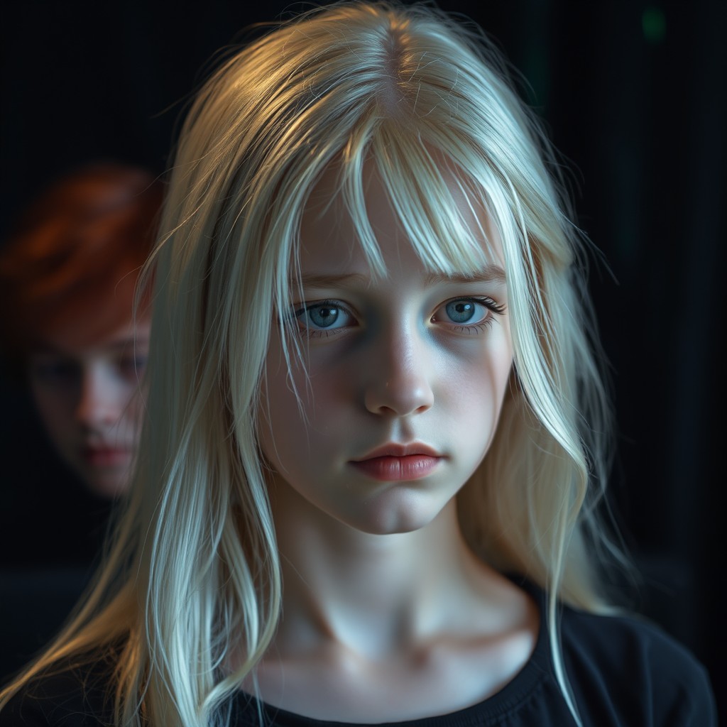 A beautiful blonde teenage girl with white hair, her expression is sad
