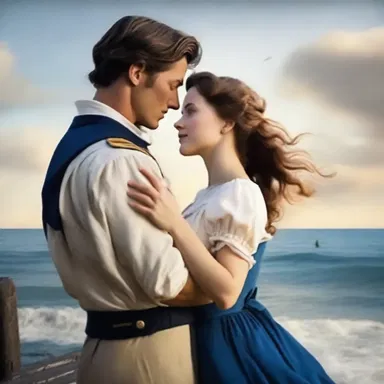 In the romantic novel, the main character falls in love with a bluecoat sailor who saved her from a shipwreck.