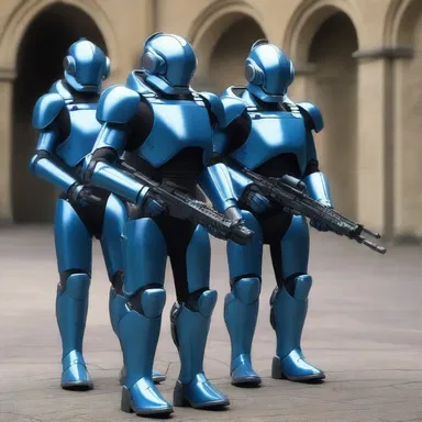 In the futuristic sci-fi movie, the bluecoat soldiers wear advanced robotic armor to defend against alien invaders.