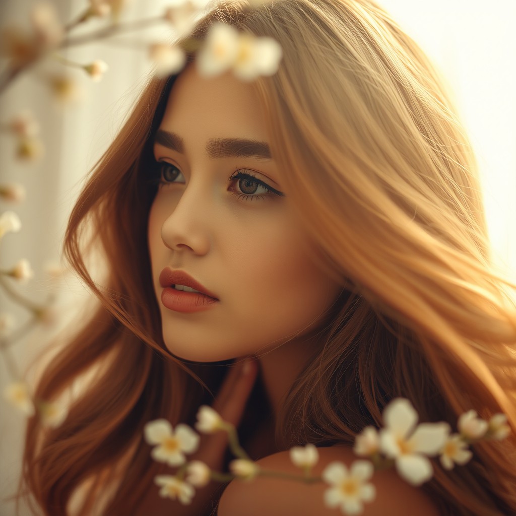 An artistic close-up portrait of a beautiful woman, showcasing her front profile in a soft, ethereal setting