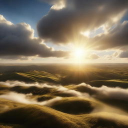 An ultra-high-resolution 8K, lifelike image of sunshine breaking through clouds, casting warm, radiant light over a beautiful landscape.