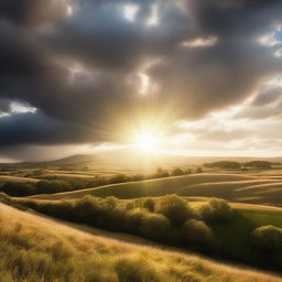 An ultra-high-resolution 8K, lifelike image of sunshine breaking through clouds, casting warm, radiant light over a beautiful landscape.