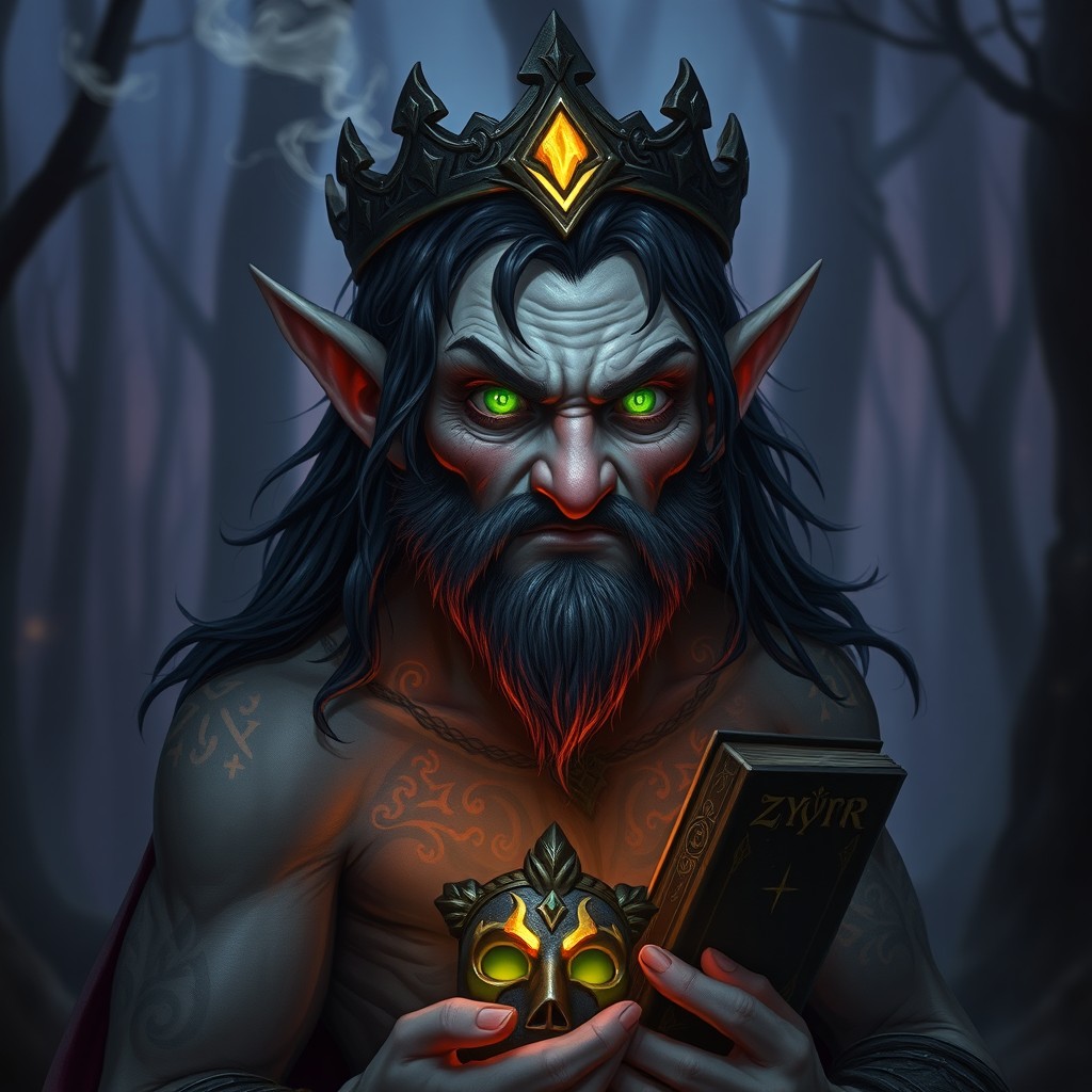 Zyrr, 'The False King,' is depicted as a handsome, suave, and physically fit middle-aged forest gnome warlock with a slight build that enhances his mystical presence