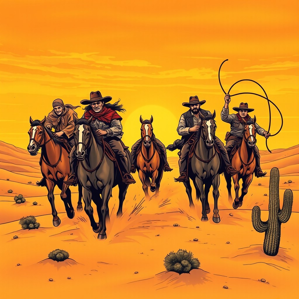 Five outlaws riding horses through a vast desert landscape, embodying the essence of the Wild West