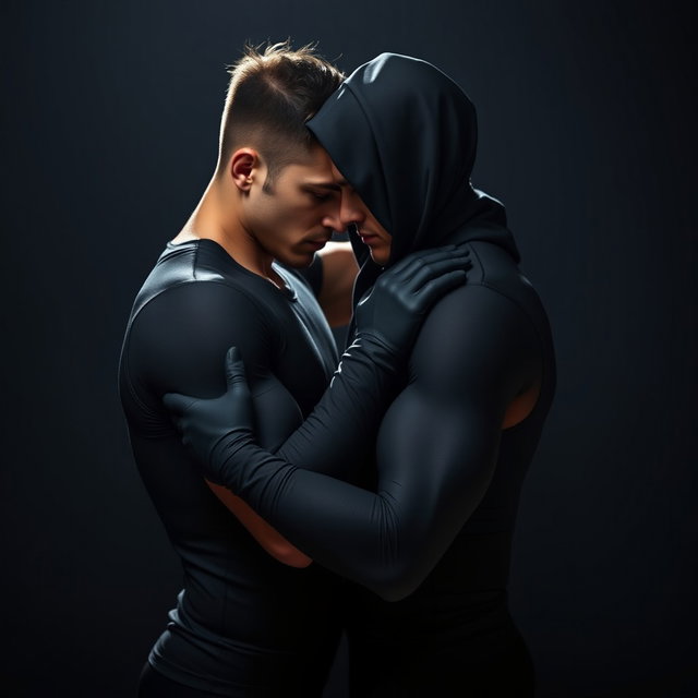 Una pareja de hombres abrazados en un momento íntimo y apasionado, vistiendo ajustados trajes de látex negro que acentúan sus cuerpos atléticos